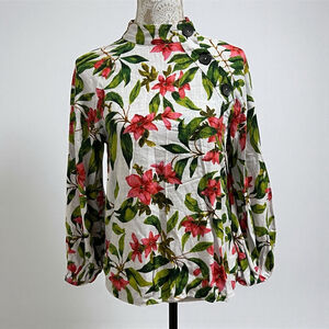ZARA Floral Button Shoulder Blouse White Green Pink Linen Blend Top Women’s M